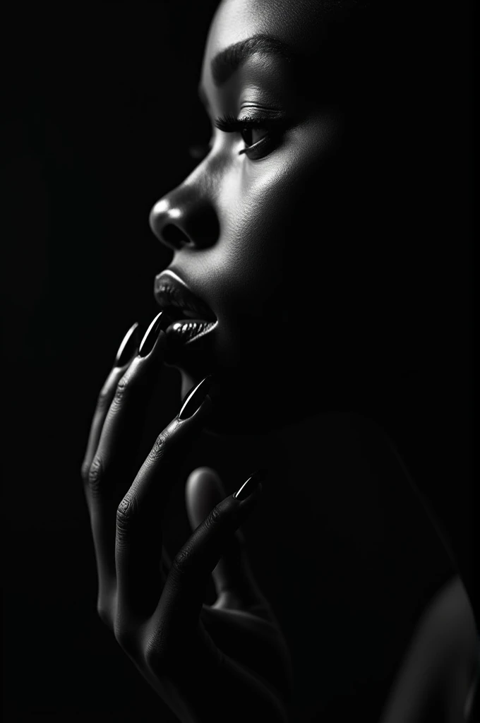 “Design a dramatic black-and-white composition showcasing a black woman’s side profile, her face tilted slightly upward to highlight her striking bone structure and refined jawline. The lighting should create a stark interplay of shadows and illumination, ...