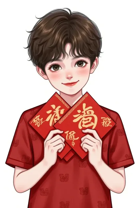  a cartoon boy holding a red envelope in his hand,  A character portrait inspired by Bian Shoumin,  pixiv contest winner , Serial Art, Cai Xukun,  high quality portrait, Telegram sticker , Cute realistic portrait, Small person images, Lovely portrait,   Hi...