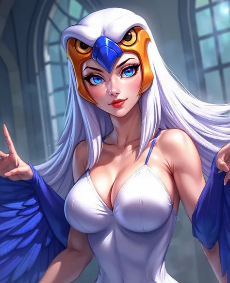 de forehead,pose, Looking at the viewer,Alone, to break, 
cartoon_Sorceress_Heman_90s_ownwaifu, www.ownwaifu.with,
breasts,  cabelos withpridos, medium breasts,  white hair, lips, makeup, lipstick,  blue eyes,  monster girl , nose, red lips, Animation, 
ba...