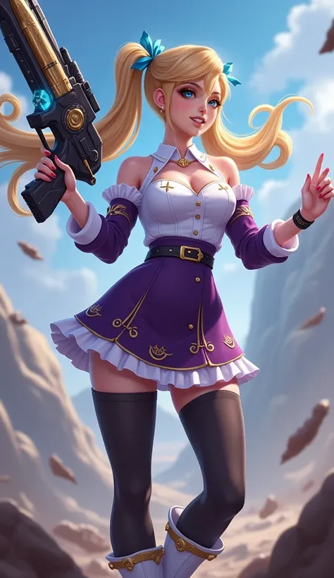 A full body view of Energy Gunner Layla from Mobile Legends wearing a short-sleeved white blouse with intricate gold and purple accents, featuring a high collar and a stylish blue ribbon tie. Her fitted bodice showcases elegant gold patterns, exuding refin...