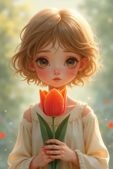 A drawing girl with short hair holding a tulip