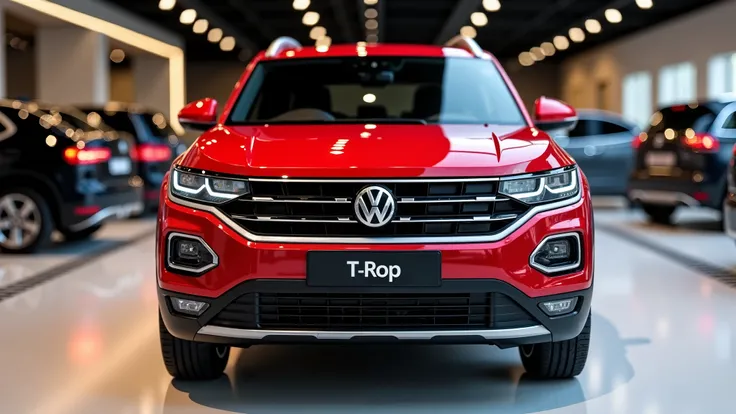 create an ultra-detailed 3D render of a modern, close-up Front view of 2025 Volkswagen T Roc with a bold design . The car should feature a Gleamy glossy painted Maroon color with a Volkswagen logo on its front, and sleek Headlights. The body should be wide...