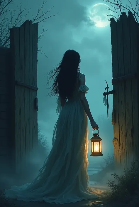 a young haunted woman holding a flickering lantern stands at the gate, her face partially hidden by her flowing hair and tattered cloak.HD Cartoon  Picture Creat