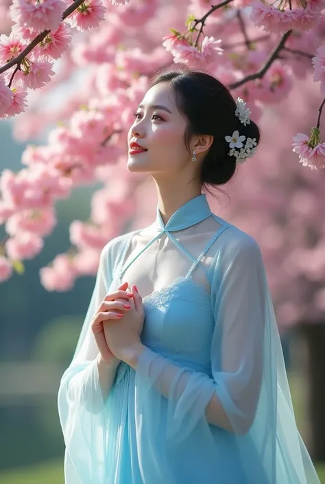 UHD, high quality, highres, 8k，Wearing a blue dress、beautiful asian woman standing under the tree, Cherry blossoms season, flowering, Happy Flower, Photos taken with Nikon D750, Photos taken with Nikon D750, under Cherry blossoms tree, Asian woman, Inspire...