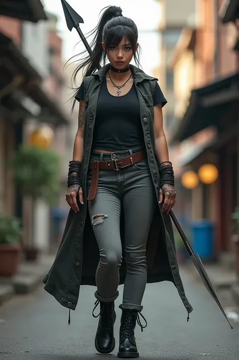  A street fighter ,  she has visible signs of battle but is still attractive, black T-shirt, dark grey vest ,  gray jeans ,  black lace-up booties with block heels ,  fighting bandages on her hands ,  wears a bow ,  a spear on her back ,  full body shot