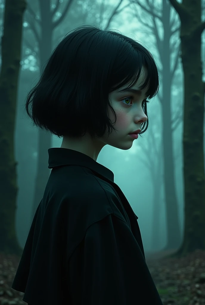 Book cover,  background a night forest,,(A (severus snapes daughter:(european girl,black hair, green eyes))Profile of the girl with her back turned, short black hair, white skin. I do not know.sees his face, turning your back looking straight ahead