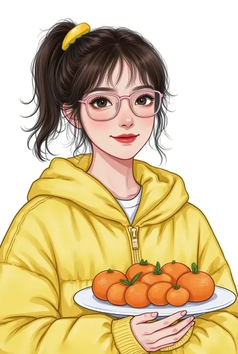 cartoon girl with glasses and a yellow jacket holding a plate of food, a color pencil sketch inspired by Ma Yuanyu, tumblr, serial art, hand painted cartoon art style, kawaii realistic portrait, realistic cute girl painting, cute art style, cute portrait, ...