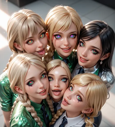 4 girls standing in line, Low double braids  ,  blonde hair ,   in an extremely tight ,  shiny green metallic polo shirt , Lens reflection,   reflective light  , smile, saliva, salivafluss, Spiral eyes, salivaspur,  very strong ,  shiny skin , Faltenrock ,...