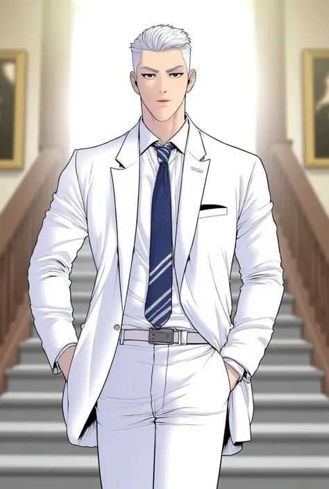 A manga-style illustration of a muscular fit thick neck handsome broad shouldered adult male character with short white hair, He is in a white adult school ubmniform with a blue pin striped tie, He has his hands on his pockets walking down the stairs, The ...