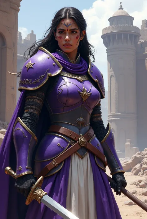 A indian female knight, a dismissive face, violet armour & sword, white robes, war wounds, conquered fortress background.