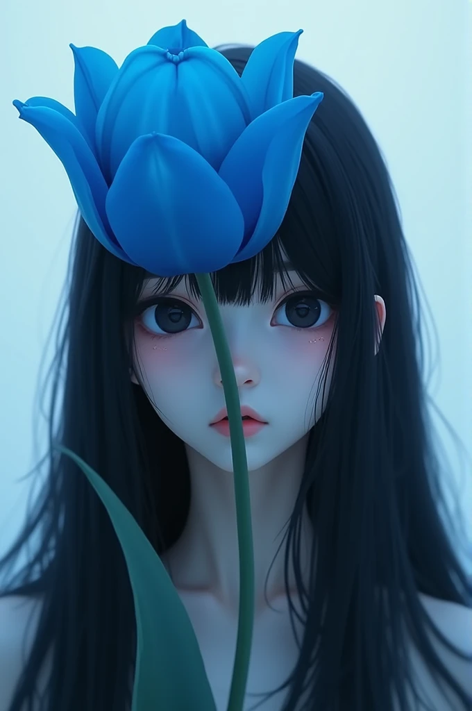  A square image of a blue tulip for a music cover, Who has a girl with black hair and black eyes and with lenses 