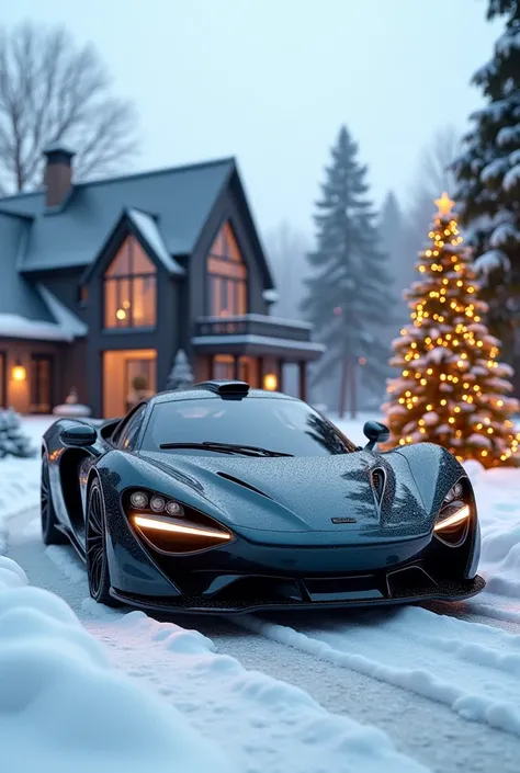 Let there be a sports car in 2025, a villa behind it, snow on the ground, a black roof, a Christmas tree, a snake in the house in 2025. Please write in 2025 