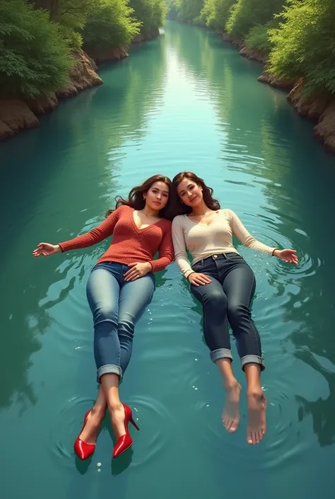 Women relaxing into river, sweater, jeans, heels, wet