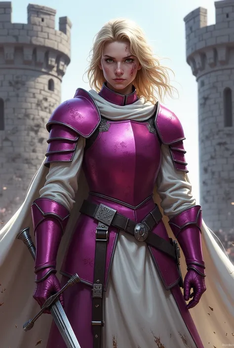 A russian female knight, a dismissive face, magenta armour & sword, white robes, war wounds, conquered fortress background.