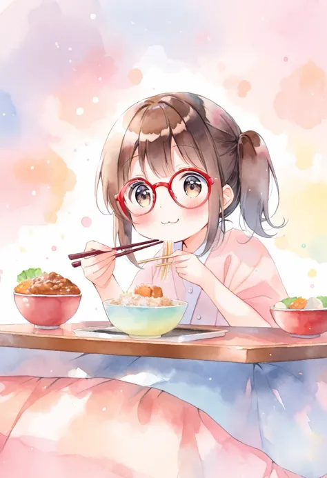 (ultra detailed:0.7), cover image, (soft pastel tones, watercolor, (bright color:1.3), transparent, gradation, harmonious and calm atmosphere:1.1),
1girl, , Elementary school girl, brown hair, big eyes, black eyes, ((red round eyewear)), side ponytail, smi...