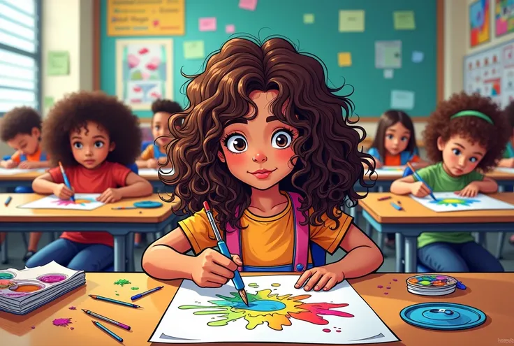 Generate a comic book-style image of a girl with curly brown hair that she is painting on a table with her classmates and the background is elementary school