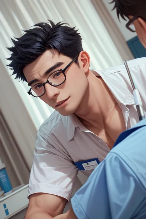 male　young　 Japanese　father　1 person　White　 Nurse　Glasses　Short Hair　 in the hospital　Inside the ward 　anime