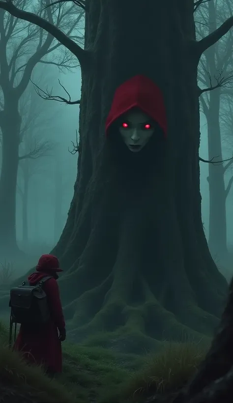 Saci Perere from the legend hidden behind a tree,  only the red hat lurking ,  while in the foreground a frightened traveler looks around, with features of fear. The forest is dark,  with a creeping mist covering the ground .