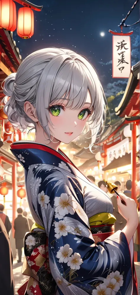 Ultra high resolution, rich colors, perfect image, top quality, detailed image, beautiful woman, glowing skin, skin and clothing texture, delicate eyes, night, shrine, crowd, kimono, furisode, breasts, ringing the bell on New Years Eve, (((silver hair wavy...