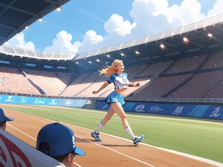 imagine a humanoid rabbit and a humanoid turtle standing side by side at the starting line for a running race, the background is a stadium with a crowd of people