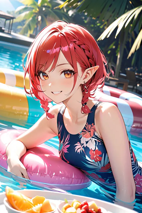 1 girl, (cute face), elf, (short hair with braids), (golden eyes), small breasts, slim, (wearing a trendy one-piece swimsuit), (floral designs),  
BREAK  
sunny poolside, lounge chairs, (relaxing on a float:1.2), (smiling:1.2), tropical drinks on the side,...