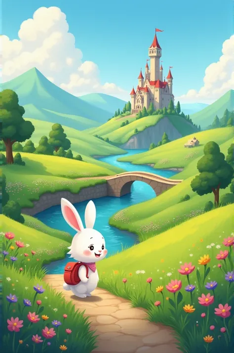 Beautiful, A fairy-tale scene: green fields, A river surrounded by flowers of various colors, Connected by a small bridge. In the foreground, a small white rabbit carries a backpack, walking. The sky is clear blue, A castle visible in the distance is locat...