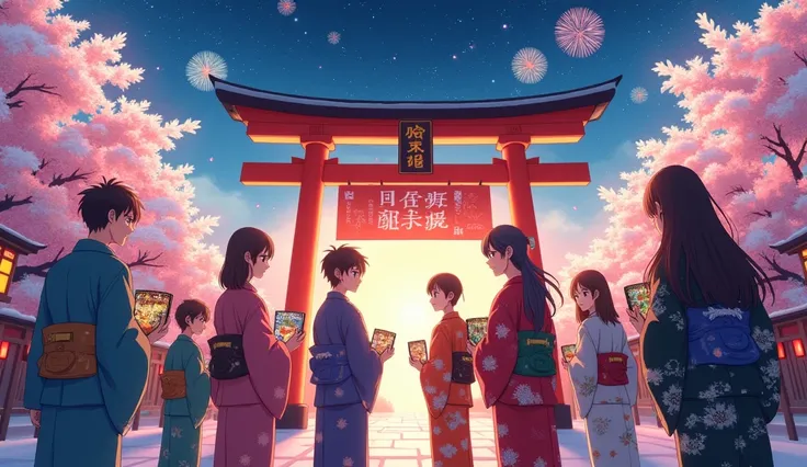 "An anime-style artwork celebrating the New Year with a festive Japanese theme. The scene features a group of friends from Reotaku wearing traditional yukatas, gathered at a beautifully decorated shrine under a starry sky. They are holding ema (wooden wish...