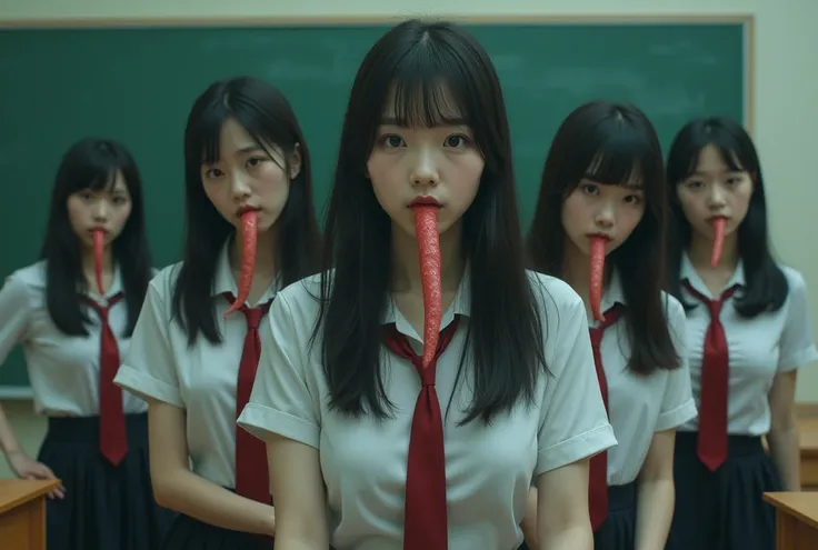 Photo,There is a group of Korean women in the classroom,Tentacles are coming out of their mouths ,In uniform,large breasts,looking at viewer, calm expression 