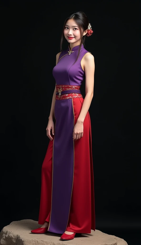 A real beautiful woman good body Has a Chinese face Dress up in ChiChi outfit sleeveless cheongsam shirt
in purple and red long pant sand hairstyle from the dragonball movie, To make it look like a real person, smiling, standing on the rock in black backgr...