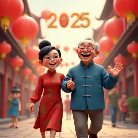 3D Disney illustration style of an elderly Taiwanese couple walking arm in arm full of happiness and vigor. The old lady is wearing a traditional red cheongsam and is all smiles, while the old grandfather is wearing a blue Chinese Tang suit, smiling and wa...