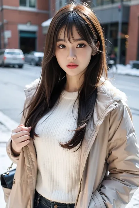 Beatifull girl, long brown layer hair, see through bangs, winter jacket, winter, morning