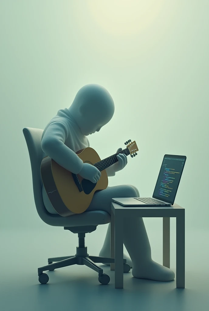 Make me a 4d picture of people alone sitting in a chair playing guitar and while paying attention to the coding program that is on the laptop 