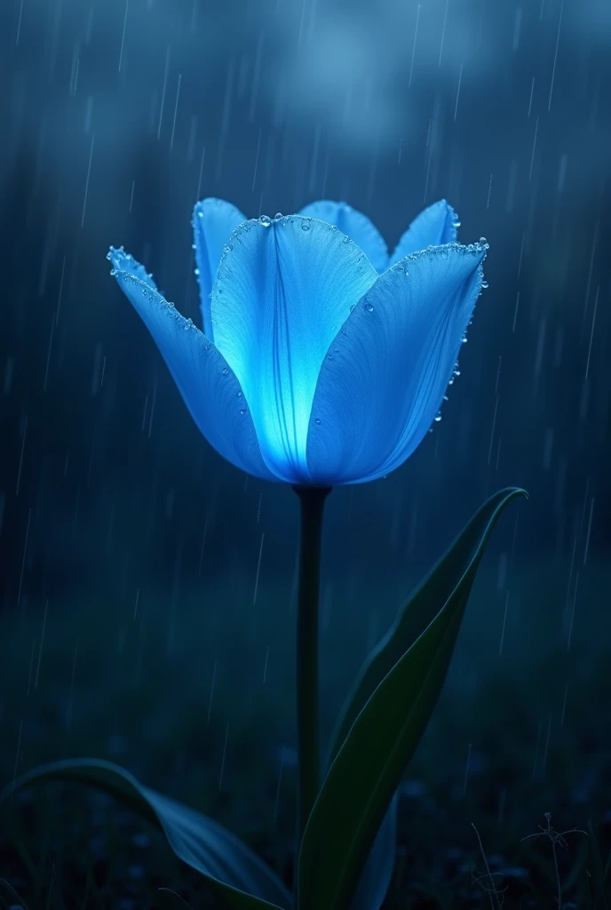  A blue tulip that shines at night.. The night has clouds ,  its raining, 