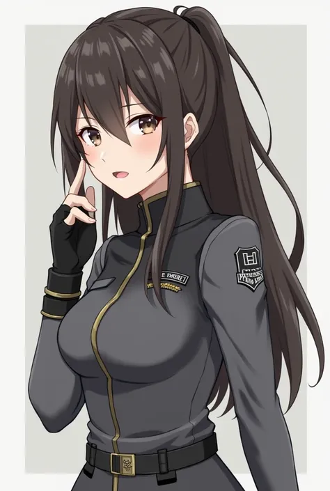 A young Asian woman ,  military uniform in gray and black spots , black boots,  fingerless gloves ,  logo with the name of Task Force 141 on the back,  long hair jet brown , AuriculAres, Hazelnut brown eyes ,breasts, alta resolución,  Split lips, arte digi...