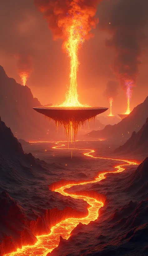 "Create a dynamic, fiery landscape with intense molten elements, designed to support or cradle a large object. Imagine a vast, volcanic terrain where rivers of glowing lava flow through cracks in the blackened, scorched earth. In the foreground, floating p...