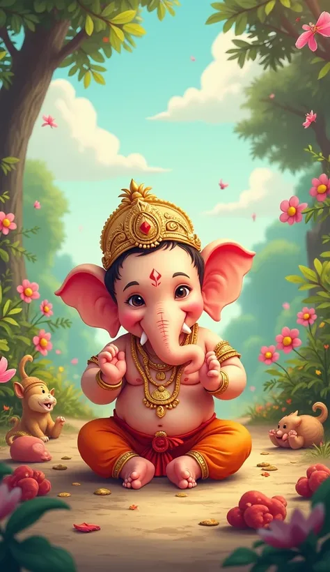 Generate an cartoon image of Once Lord Ganesha was playing as a small .