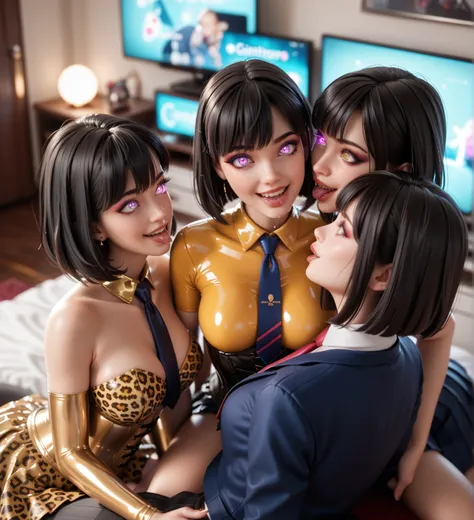 4 girls,    In extremely tight-fitting  , glittering ,  golden latex polo shirt   , bob cut,    black hair , Lens reflection,    reflective light   ,    high resolution ,    masterpiece,     sitting at the television in the apartment, startled,   glowing e...