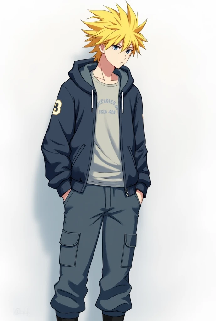 Soma has bright, messy, and voluminous blond hair that spikes out in various directions. He also has a beauty mark under his lip on the left side of his face.

Hes wearing a dark blue jacket that resembles a hoodie or light jacket, over a light gray t-shir...