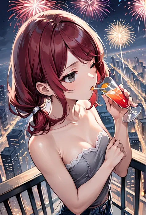 
(Masterpiece, best quality), from above, intricate details, JK, sad girl, upper body.highly detailed, intricate details, expressionless young woman sipping cocktail, ((low twin tails, gray eyes, one eye closed, dark red hair, long swept bangs)), small bre...