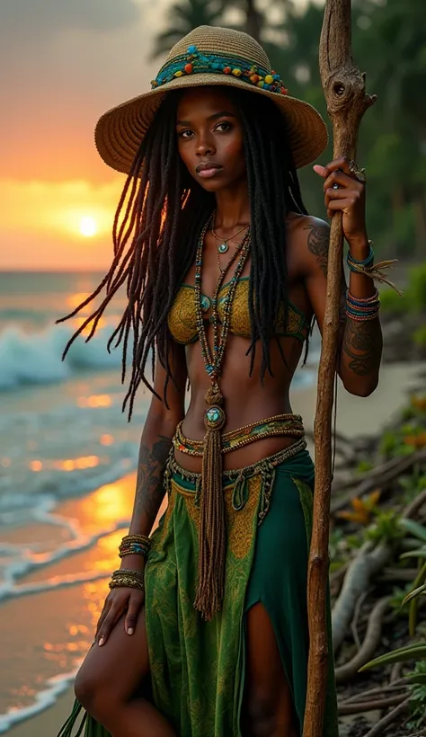 Jamaica Witch
A vibrant and enchanting witch with dreadlocks decorated with colorful beads and feathers. She wears a tropical-themed outfit, including a flowing skirt made of green and gold fabric, and holds a staff carved from driftwood. The background is...