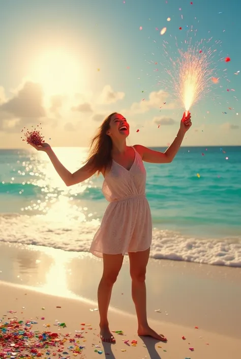 "A joyous figure, beaming with happiness, stands on a sun-drenched beach, holding a sparkling firework in one hand and a handful of colorful confetti in the other.  The beach is pristine, with soft white sand and turquoise water stretching out to the horiz...