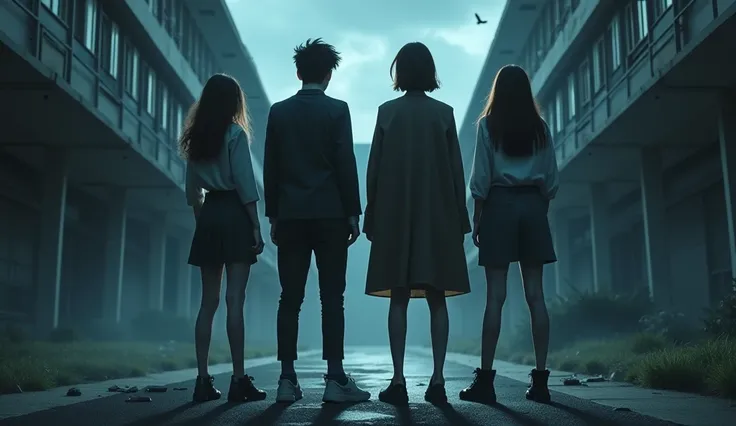 Scene of a school ground, where the four friends are standing together and looking at the spectators as if giving a warning. There is a slightly scary atmosphere of the school behind them.
