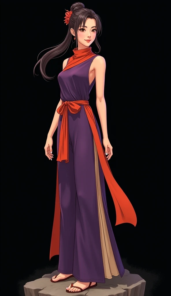 A real beautiful woman good body Has a Chinese face Dress up in ChiChi outfit sleeveless cheongsam shirt
in purple and red long pant sand hairstyle orange scarf
Orange scarves
from the dragonball movie, To make it look like a real person, smiling, standing...