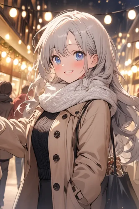 A beautiful anime-style girl with short, silver-gray hair and captivating blue eyes, dressed in a cozy winter outfit: a beige coat, a knitted white scarf, and black skinny jeans. She is inside a bustling department store, filled with warm lights and shoppe...