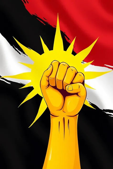 Flag with black colors , white, red, with yellow sun symbol and fist in the middle.  