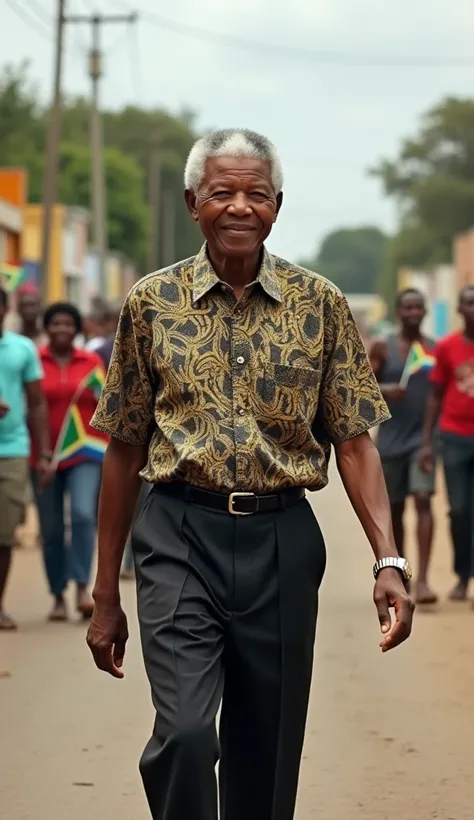 Nelson Mandela is shown walking down a quiet street in a South African township, wearing a traditional patterned shirt and dark trousers. His face reflects years of struggle and hope, with a faint smile. Behind him, ren wave small South African flags, and ...