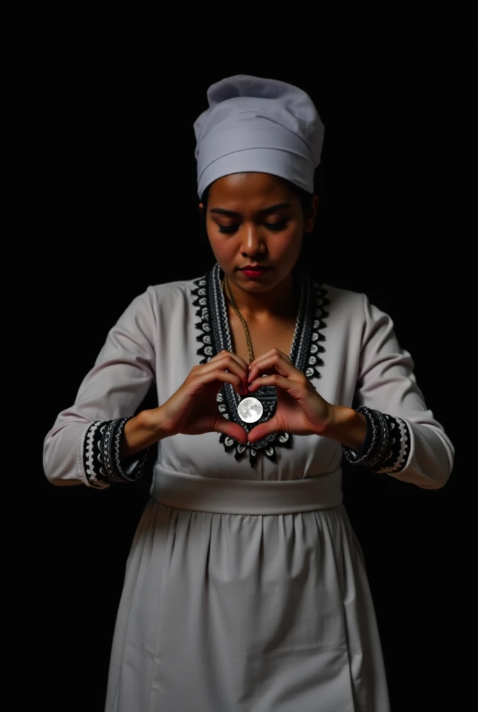 The image shows a person wearing traditional attire, characterized by a white head covering and black embroidery. The person is lying on their back or leaning backward, forming a heart shape with their hands, with the moon positioned at the center of the h...