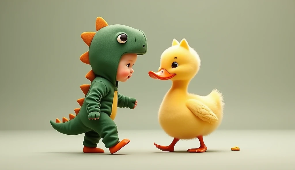 This image showcases a baby and a duck walking together, with the baby dressed in a  Green Dinosaur Costume with a Cat The duck looks sleek and calm, perfectly matching the playful and cozy atmosphere.