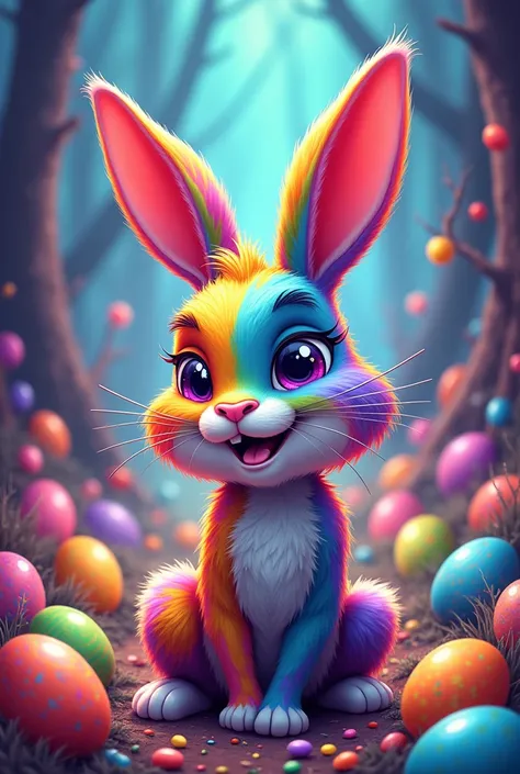 psychedelic style cartoon rabbit various easter rainbow egg background