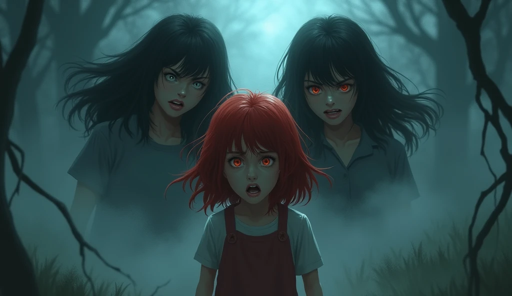 nightmare, Dark fog, frightened girl with red hair ,  in the background is an angry twin girl with black hair 